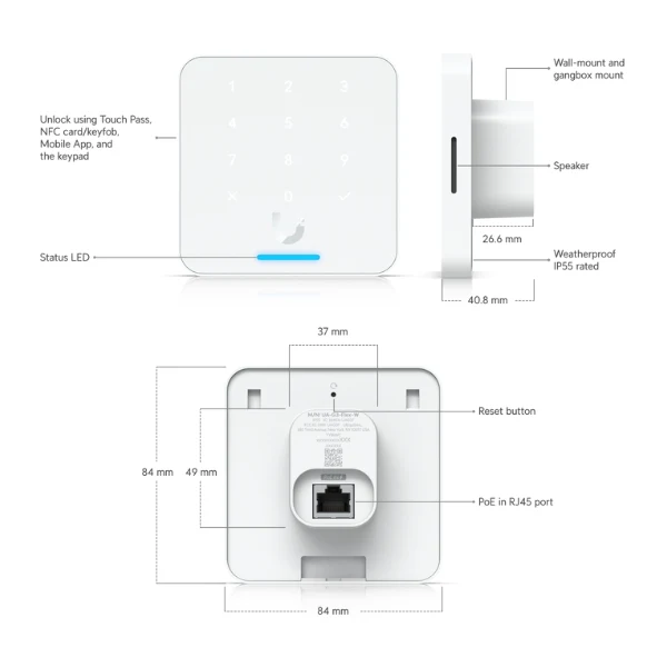 Lector de Acceso Ubiquiti UniFi Reader Flex Blanco IP55 NFC PIN PoE para Interior/Exterior - Image 5