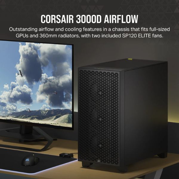 Case Corsair 3000D AIRFLOW MID-Tower Negro 2xUSB 3.2/ 1 HD AUDIO/ 2x FAN 12CM/ Lateral Vidrio - Frente Malla - Image 3
