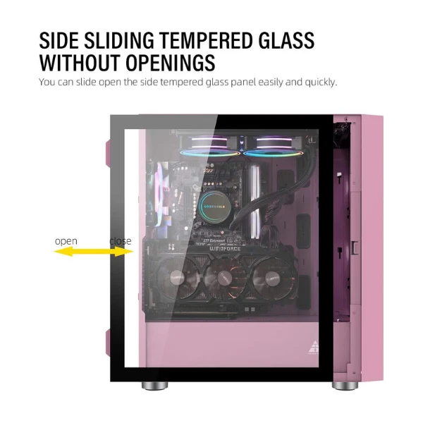 Case GOLDEN FIELD MAGE-P Gaming PC ATX/MATX/ITX Mid Tower & 3 Fans Tempered Class Side Panel, Mesh Front Panel (Pink) - Image 4