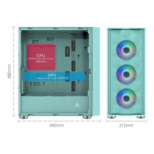 Case GOLDEN FIELD MAGE-U Mint Green Gaming PC ATX/MATX/ITX Mid Tower 3 Colorful LED Fans Tempered Side Panel Blue-Green - Image 2