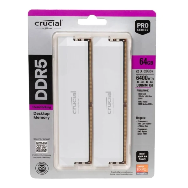 Memoria RAM Crucial Pro 64GB (2x32GB) DDR5 6400MHz PC5-51200 CL40 Dual Channel – Para PC (White) - Image 2