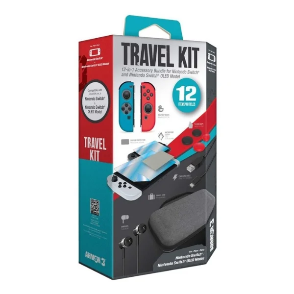 Kit de viaje Armor3 para Nintendo Switch y Switch OLED con estuche protector y accesorios - M07533 - Gris/Azul/Rojo - Image 2
