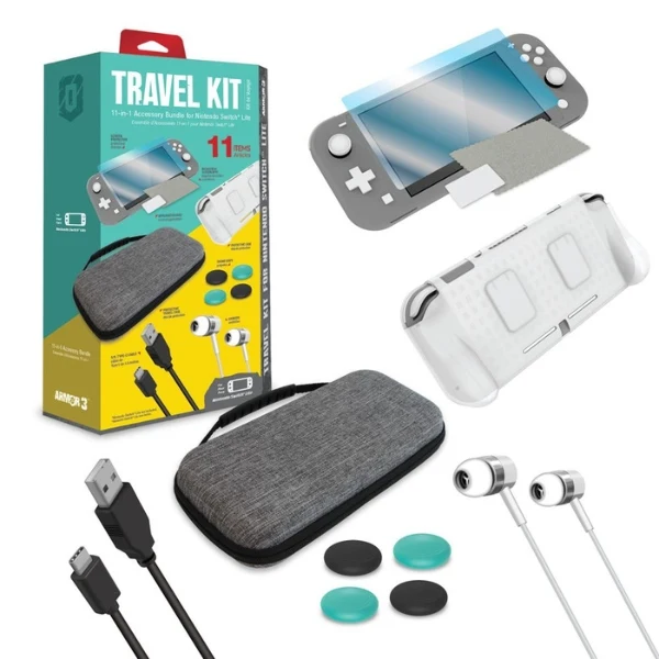 Kit de viaje Armor3 11 en 1 para Nintendo Switch Lite con estuche, protector y accesorios - M07416 - Gris/Negro/Verde