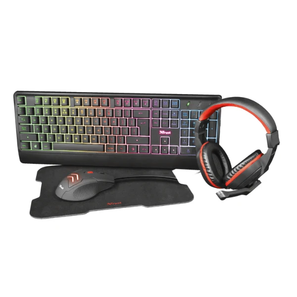 Kit Teclado y Mouse Trust Ziva Gaming Incluye Audifonos , Mouse Pad Usb Optico Español RGB Negro 24236