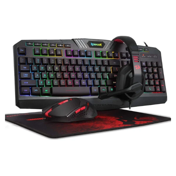 Kit 4 en 1 Redragon S101 RGB Backlit Gaming Mouse M601 + Teclado RGB + Audifonos Garuda Stereo + archelon Mouse Pad Negro