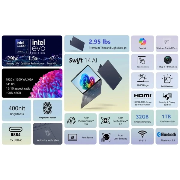 Laptop Acer Swift 14 AI Copilot+ PC Intel Core Ultra 7 32GB RAM 1TB SSD 14" WUXGA Touch Steam Intel Arc Steam Blue - Image 10