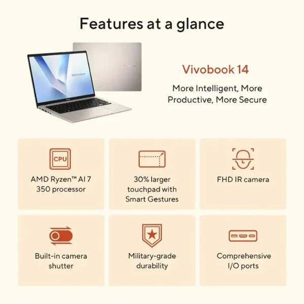 Laptop ASUS Vivobook 14 AMD Ryzen AI 7 300 Series 16GB RAM 512GB SSD 14" AMD Radeon Platinum Gold - Image 9