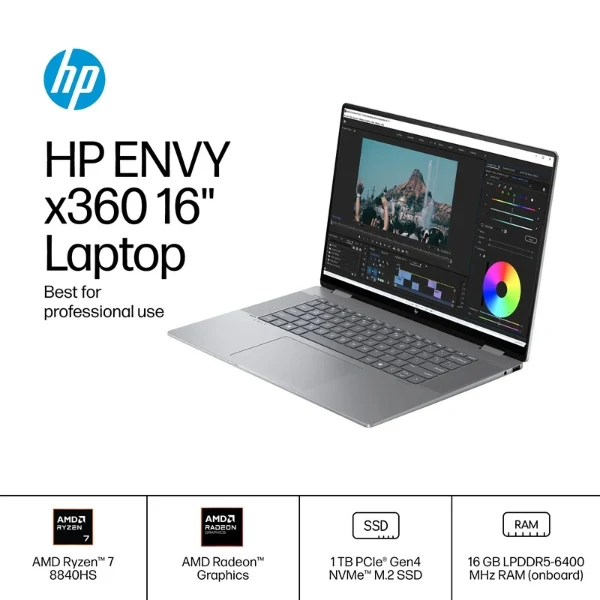 Laptop HP Envy 2-in-1 AMD Ryzen 7 16GB RAM 1TB SSD 16" 2K Touch-Screen Meteor AMD Radeon - Image 3