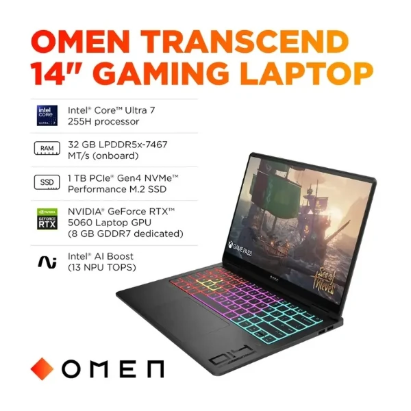 Laptop HP OMEN Transcend Intel Core Ultra 7 Series 2 32GB RAM 1TB SSD 14" NVIDIA GeForce RTX 5060 Shadow Black - Image 5
