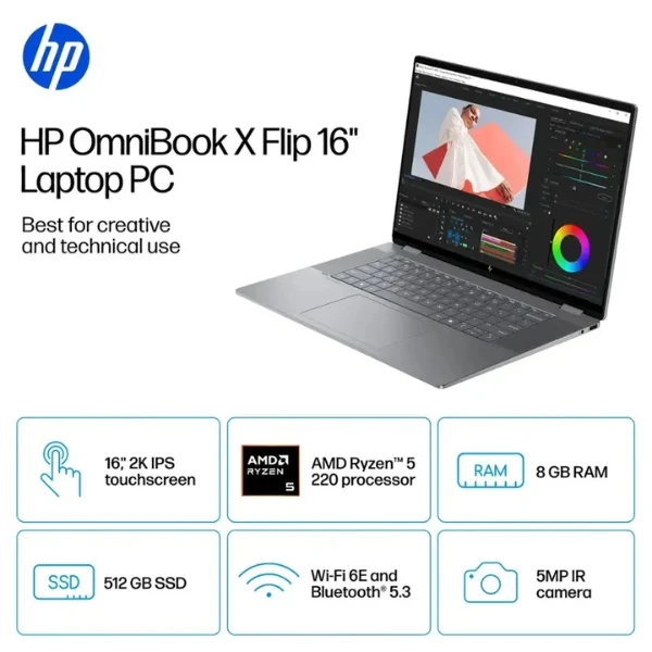 Laptop HP OmniBook X Flip 2 en 1 Touchscreen AMD Ryzen 5 Series 200 8GB RAM 512GB SSD 16" AMD Radeon 740M Meteor Silver - Image 7