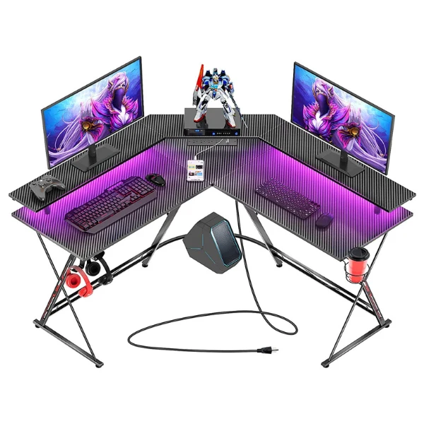 Mesa Gaming SEVEN WARRIOR en forma de L con Luz LED y tomas fibra de carbono con soporte para monitor, tazas y audifonos