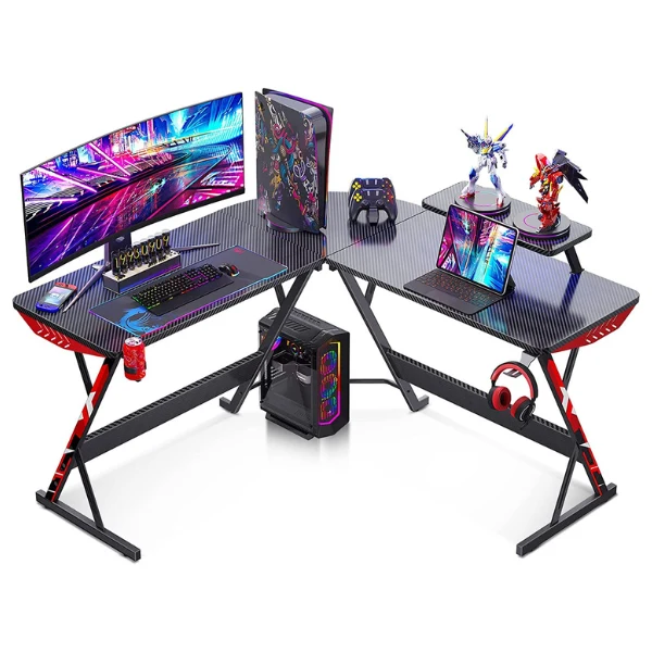 Mesa MOTPK L Shaped Gaming Desk 58" L Shape Carbon Fiber Surface Table Monitor Shelf Cup Holder & Headphone Hook, Black