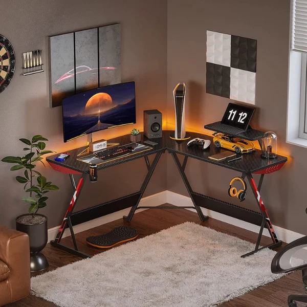 Mesa MOTPK L Shaped Gaming Desk 58" L Shape Carbon Fiber Surface Table Monitor Shelf Cup Holder & Headphone Hook, Black - Image 2