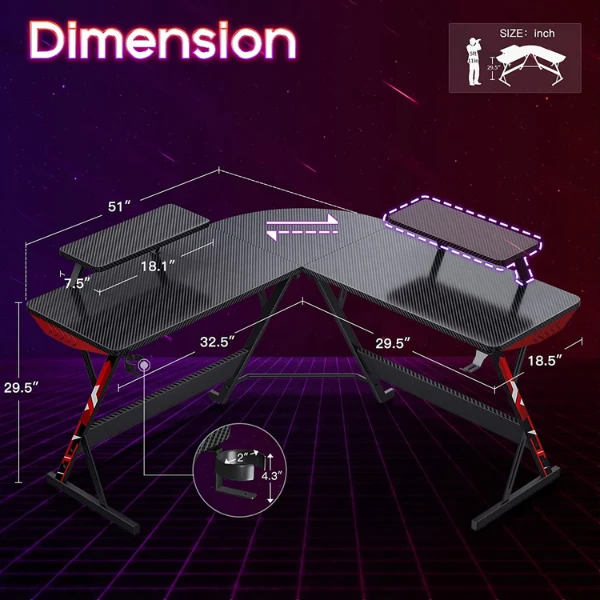 Mesa MOTPK L Shaped Gaming Desk 58" L Shape Carbon Fiber Surface Table Monitor Shelf Cup Holder & Headphone Hook, Black - Image 3