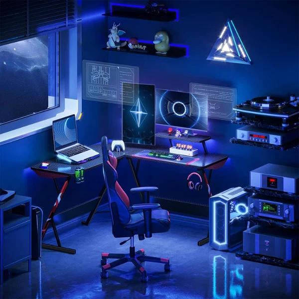 Mesa MOTPK L Shaped Gaming Desk 58" L Shape Carbon Fiber Surface Table Monitor Shelf Cup Holder & Headphone Hook, Black - Image 4