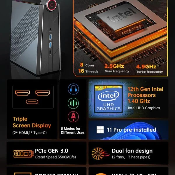 Mini PC ACEMAGIC AD08, Core i7-11700B, 32GB RAM, 1TB NVMe SSD, 4K Triple Display, WiFi 6, BT 5 - Image 9
