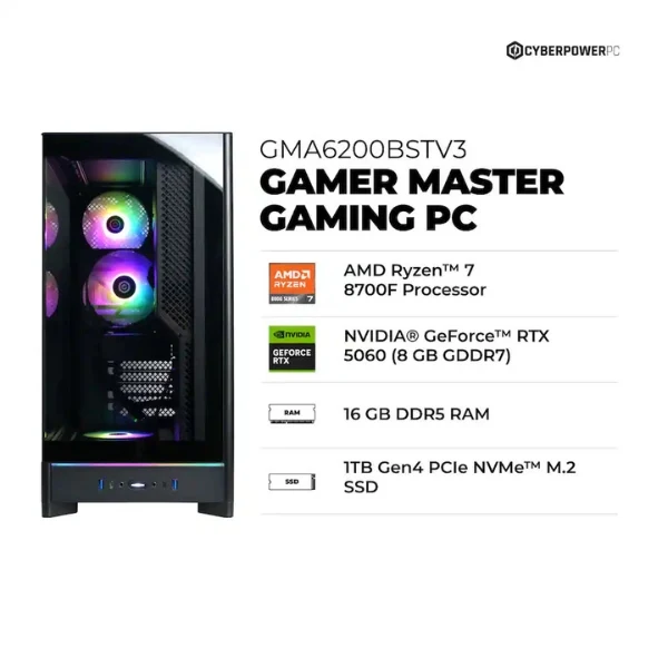 Pc Gaming CyberPowerPC AMD Ryzen 7 8700F (5 GHz) - 16 GB DDR5 - 1 TB SSD - NVIDIA GeForce RTX 5060 8GB GDDR7 - 850 W - Win 11 Home - Black - Image 4