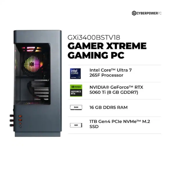 Pc Gaming CyberPowerPC Intel Core Ultra 7 265F (5.3 GHz) - 16 GB DDR5 - 1 TB SSD - NVIDIA GeForce RTX 5060 Ti 8GB GDDR7 - 850 W - Win 11 Home - Gray - Image 4