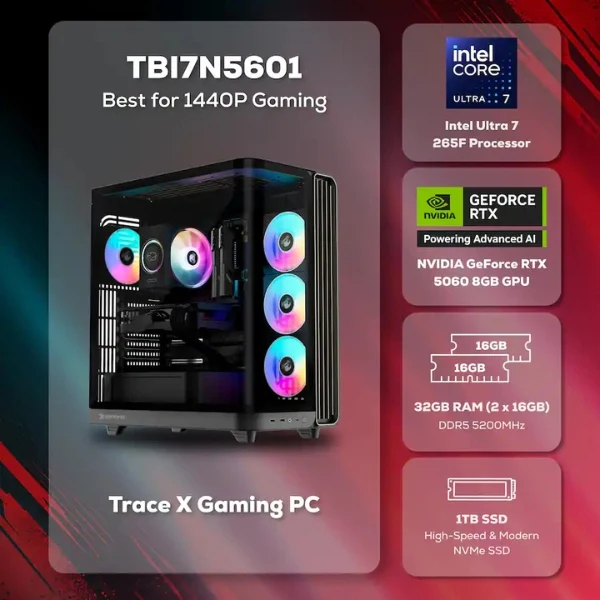 Pc Gaming iBUYPOWER Trace Intel Core Ultra 7 265F (5.3 GHz) - 32 GB DDR5 - 1 TB SSD - NVIDIA GeForce RTX 5060 8GB - 600 W - Win 11 Home - Black - Image 2