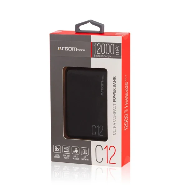 Power Bank Argom C12 12000mAh - Ultra Compacto - 2 USB - Negro - Image 2